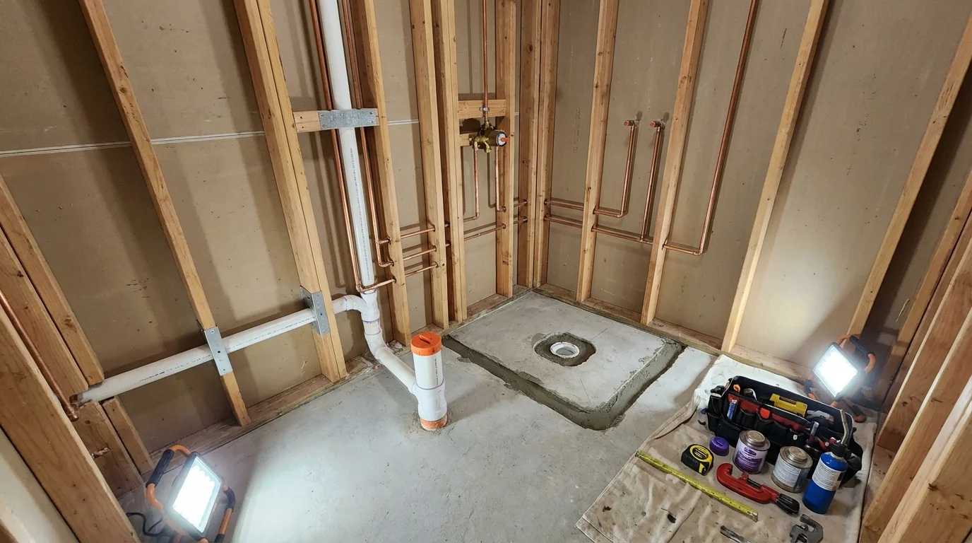 Bathroom rough-in plumbing during remodel by Johns Plumbing LLC in South Fallsburg