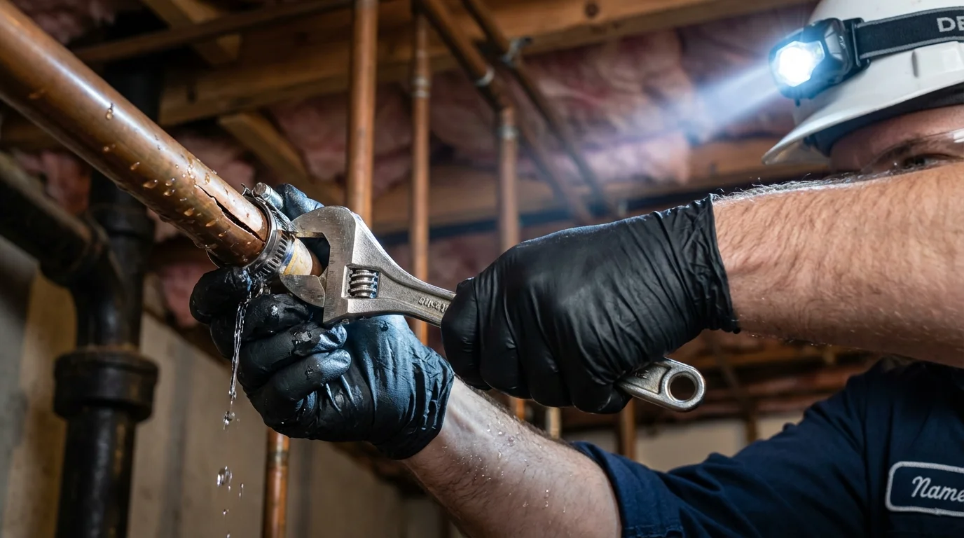 Emergency pipe clamp repair being performed by a Johns Plumbing LLC plumber in South Fallsburg
