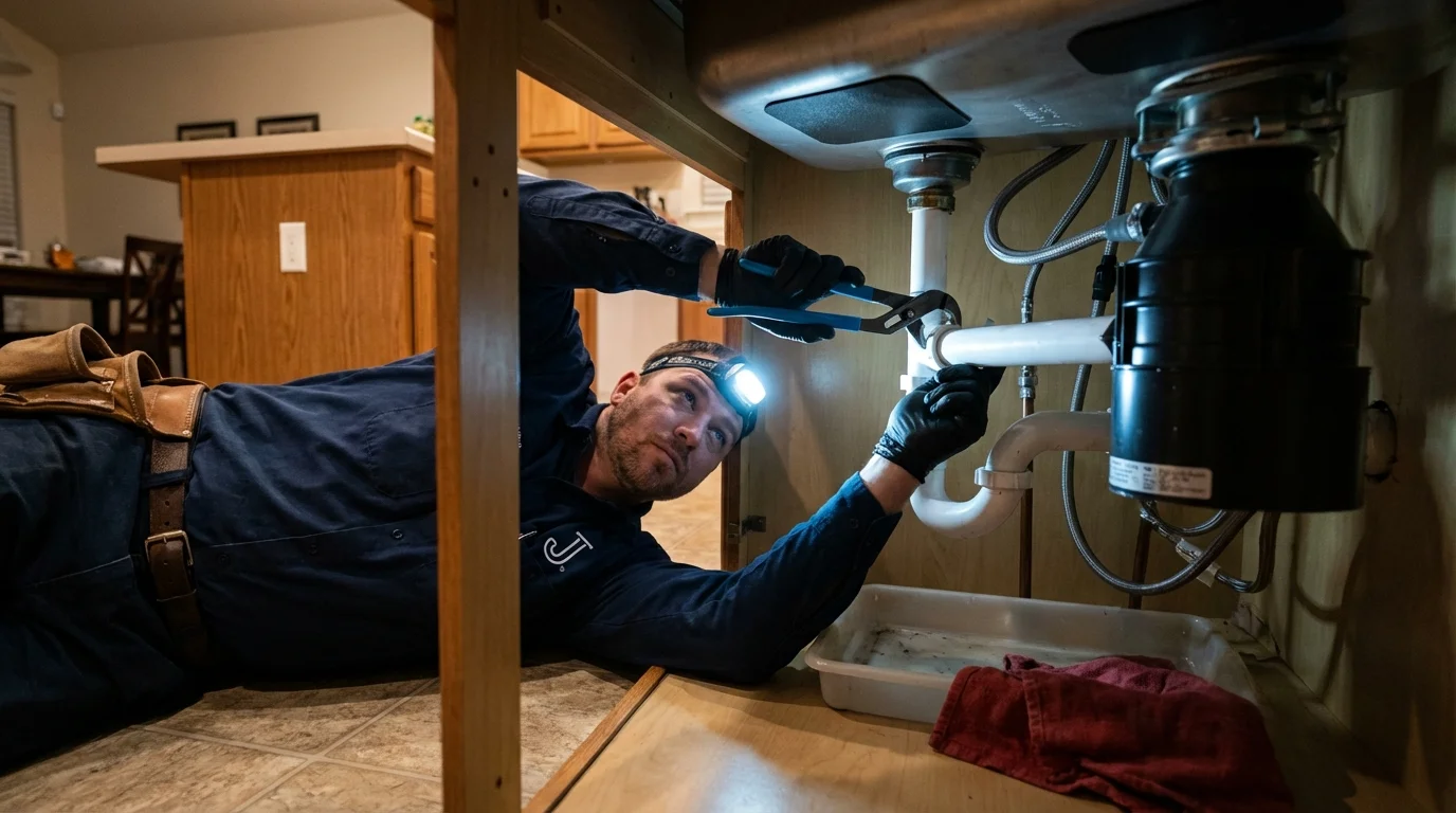 P-trap and supply line connections under a kitchen sink showing a common leak point in South Fallsburg, NY
